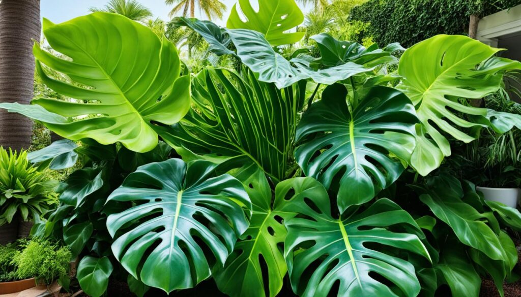 Dramatische Monstera deliciosa und Ficus lyrata