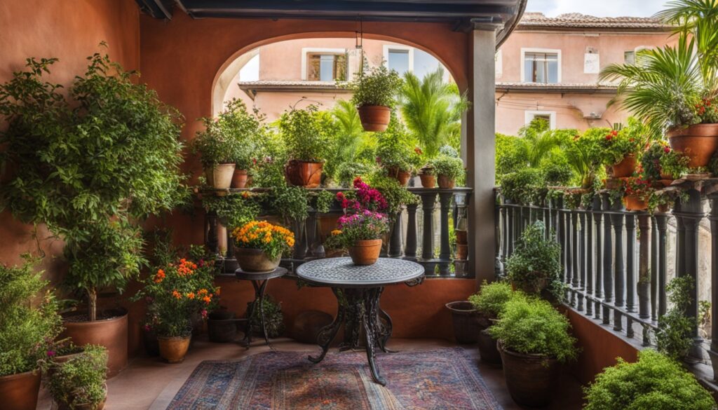 Schattenbalkon mit blühenden Balkonpflanzen